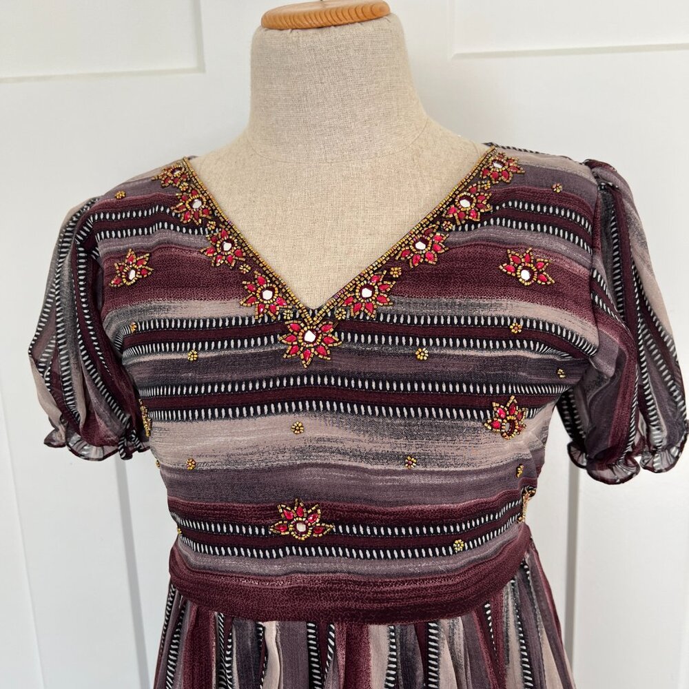 Boho Beaded Striped V-Neck Empire Waist Midi Dress M Burgundy Mauve Puff Sleeve - Picture 6 of 9